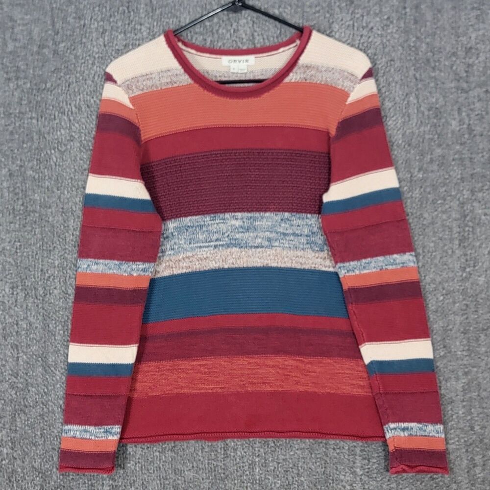 Orvis Sweater Womens Small Red Multicolor Striped Roll Neck Cotton Knit